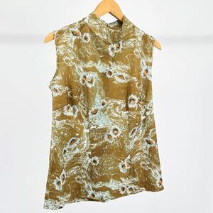 Handmade 60s High Neck Sleeveless Double Knit Brown Floral Daisy Print Shirt